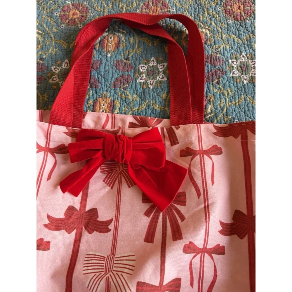 2 Pink Red Bow Print Tote Bag Canvas Large Shoulder Bag Preppy Coquette‎